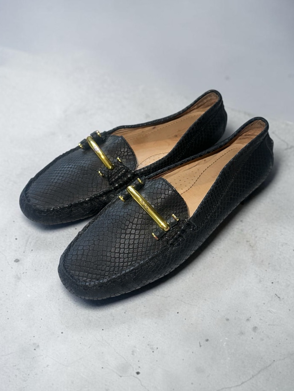 Lauren Ralph Lauren Briony Moccasin Flats Leather Gold-Tone "LRL” Black Size 7.5